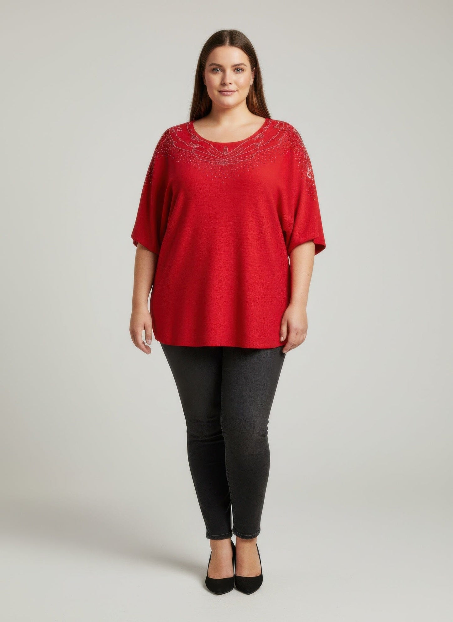 Women Plus Size Scarlet Embellished Neckline Dolman Sleeve Tunic Top Shirts & Tops jehouze Red L 