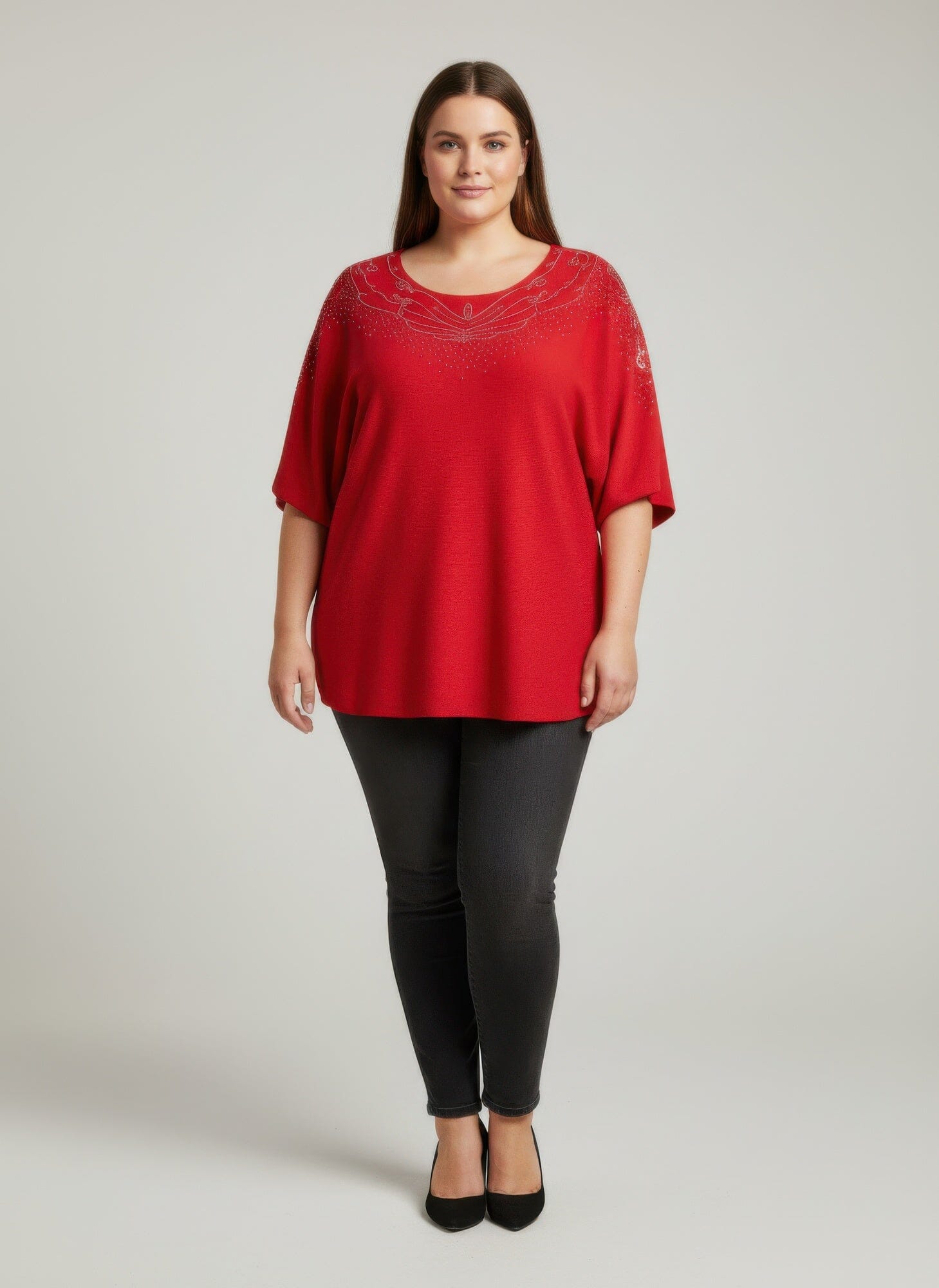 Women Plus Size Scarlet Embellished Neckline Dolman Sleeve Tunic Top Shirts & Tops jehouze Red L 