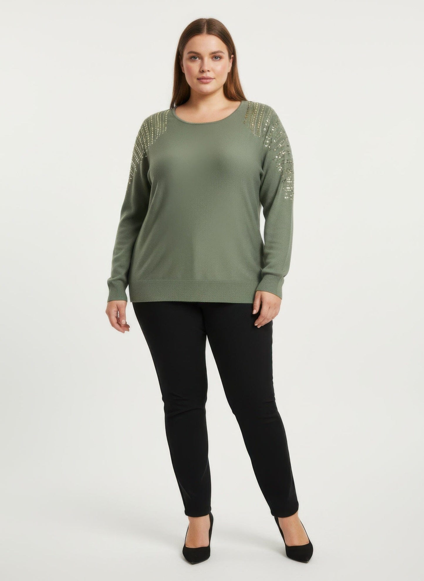 Women Plus Size Sequin Shoulder Knit Tunic Top Shirts & Tops jehouze Green L 