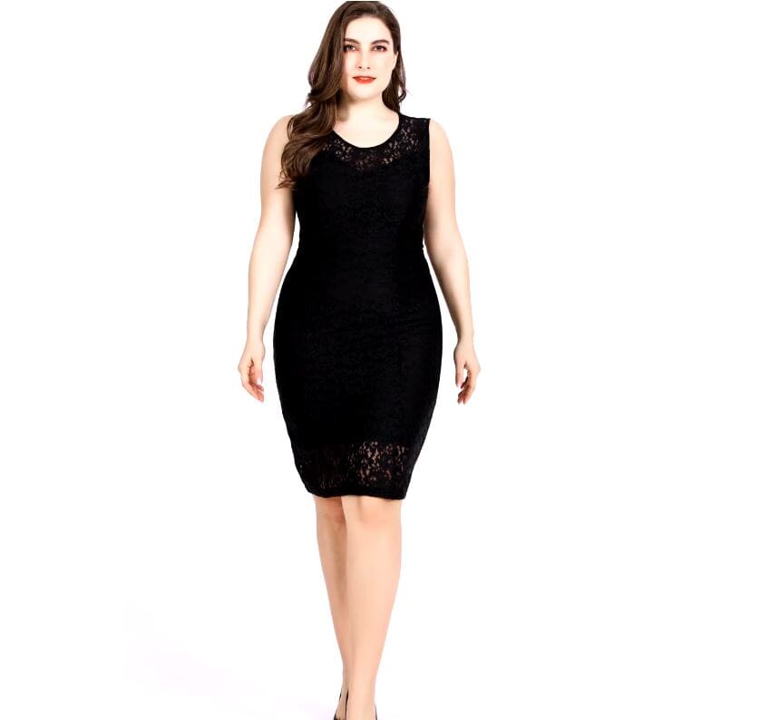 Women Plus Size Sexy Sleeveless Crew Neck Knee Length Bodycon Dress Dresses jehouze Black L 