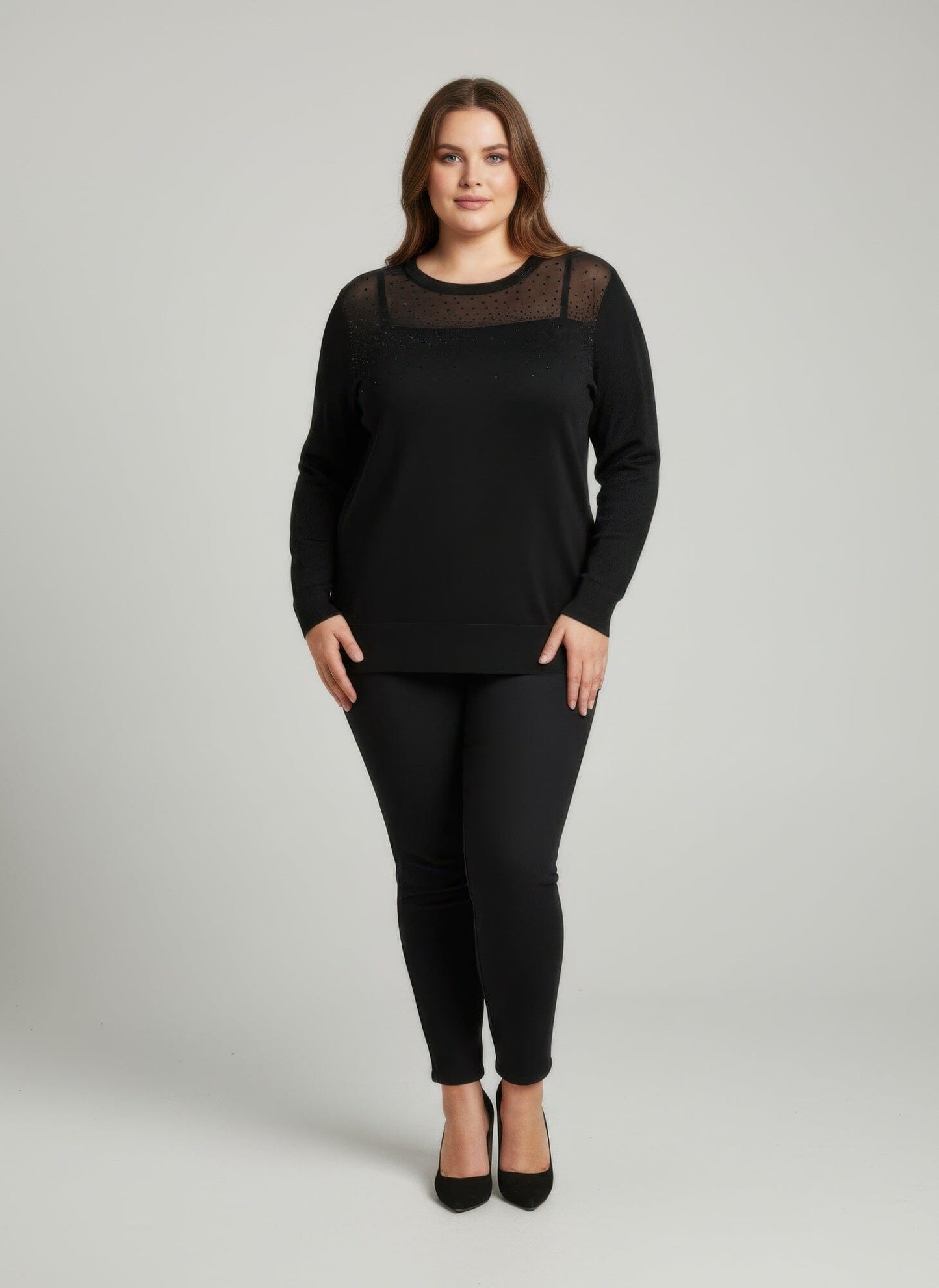 Women Plus Size Shimmer Detail Knit Tunic Top Shirts & Tops jehouze Black L 