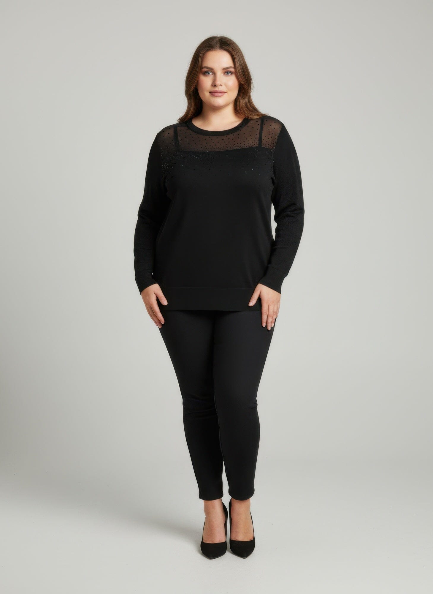 Women Plus Size Shimmer Detail Knit Tunic Top Shirts & Tops jehouze Black L 
