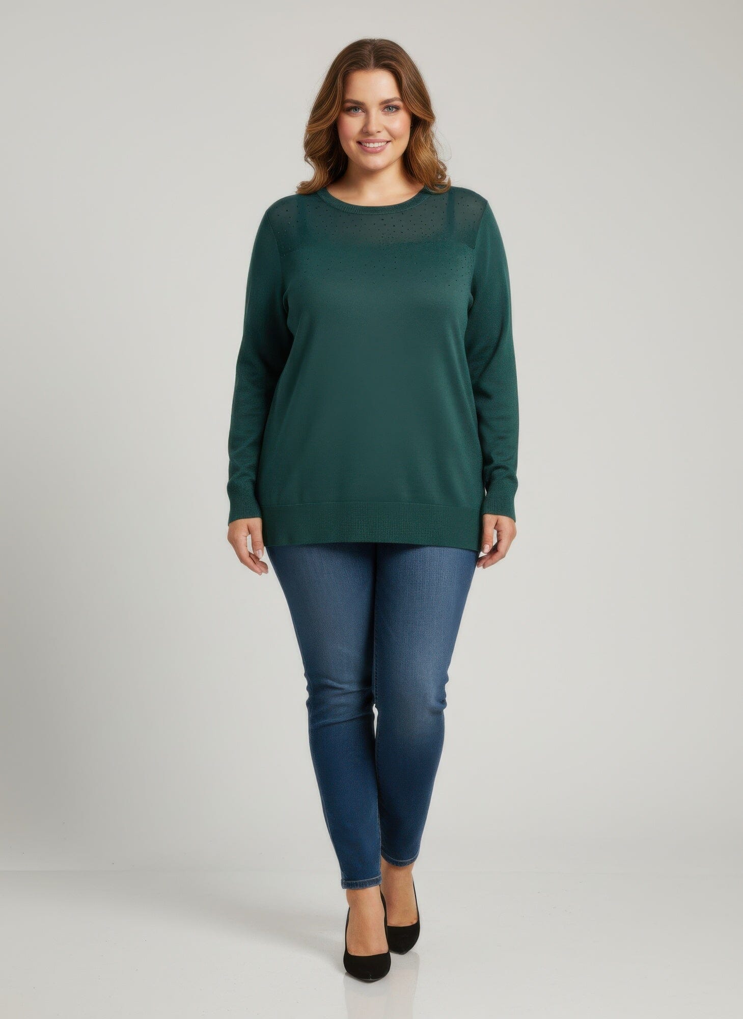 Women Plus Size Shimmer Detail Knit Tunic Top Shirts & Tops jehouze Green L 