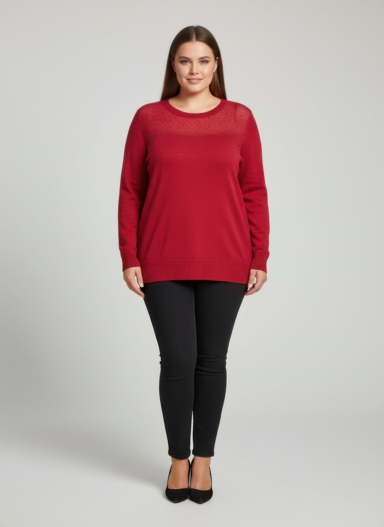 Women Plus Size Shimmer Detail Knit Tunic Top Shirts & Tops jehouze Red L 