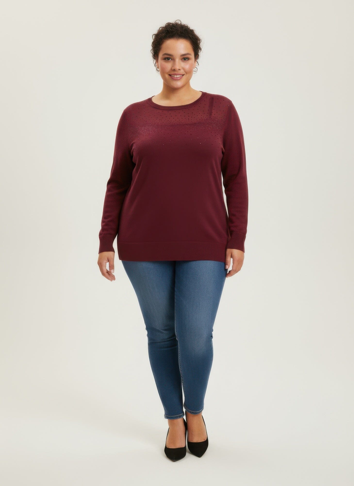 Women Plus Size Shimmer Detail Knit Tunic Top Shirts & Tops jehouze Wine L 