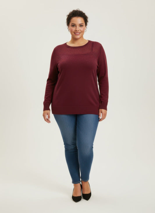 Women Plus Size Shimmer Detail Knit Tunic Top Shirts & Tops jehouze Wine L 
