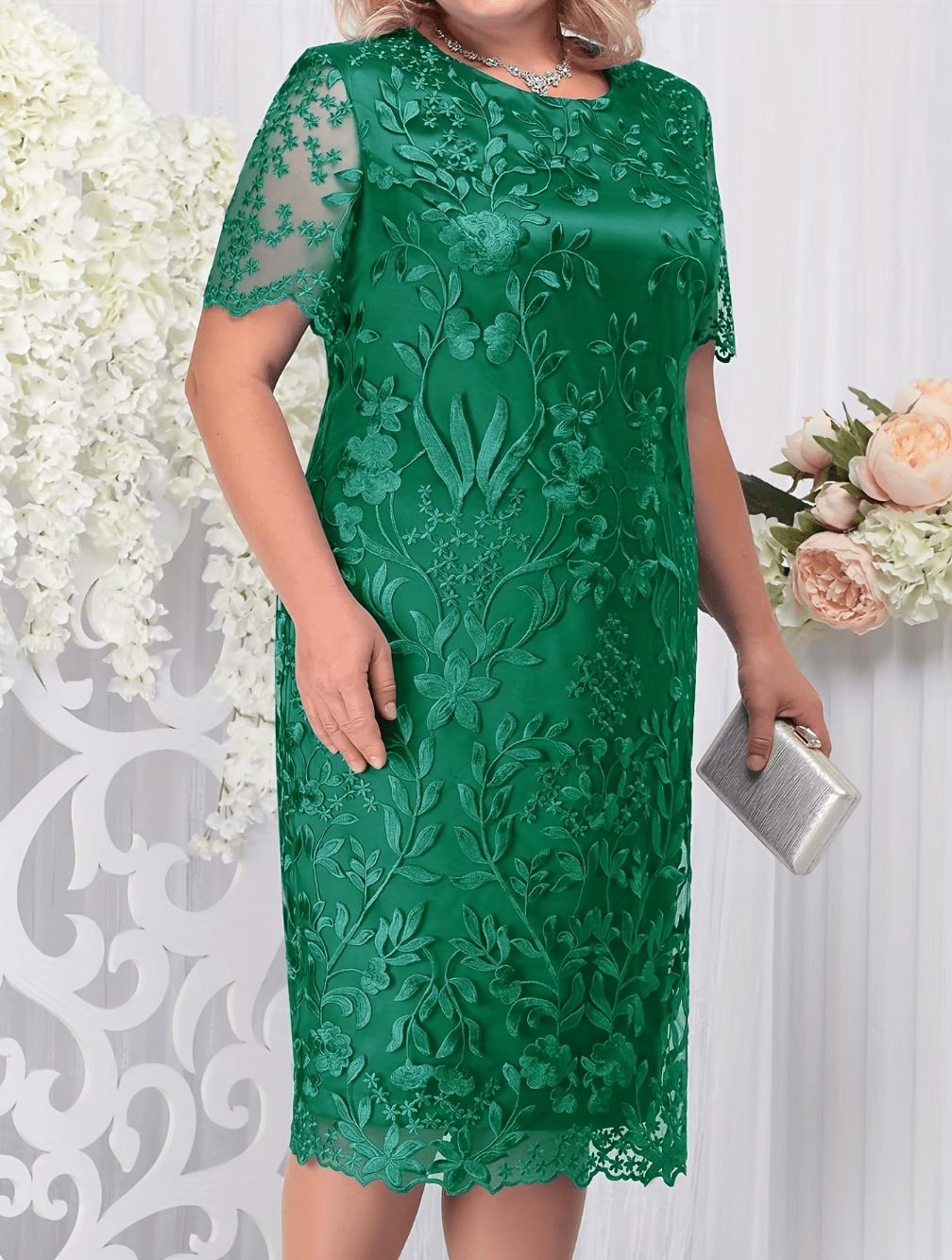 Women Plus Size Short Sleeve Embroidery Floral Gorgeous Dress_ Dresses jehouze Green L 