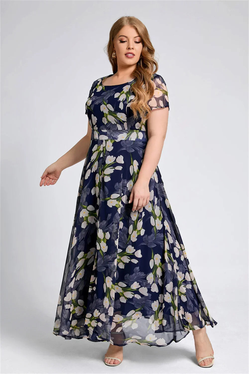 Women Plus Size Short Sleeve Floral Round Neck A Line Maxi Dress Dresses jehouze 