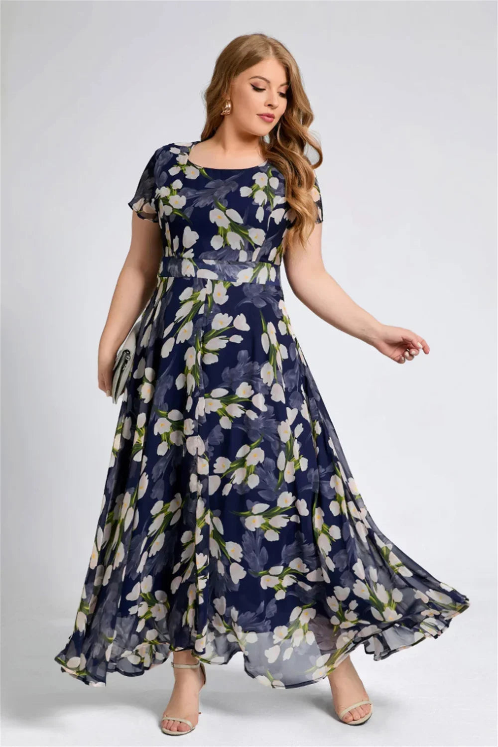 Women Plus Size Short Sleeve Floral Round Neck A Line Maxi Dress Dresses jehouze 