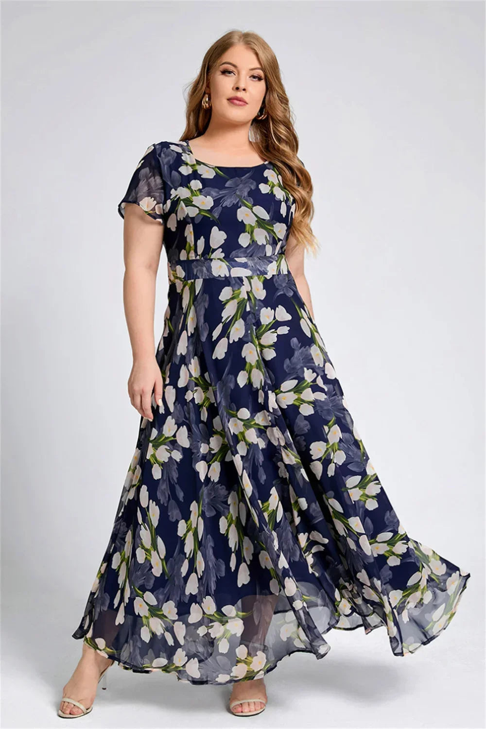 Women Plus Size Short Sleeve Floral Round Neck A Line Maxi Dress Dresses jehouze 