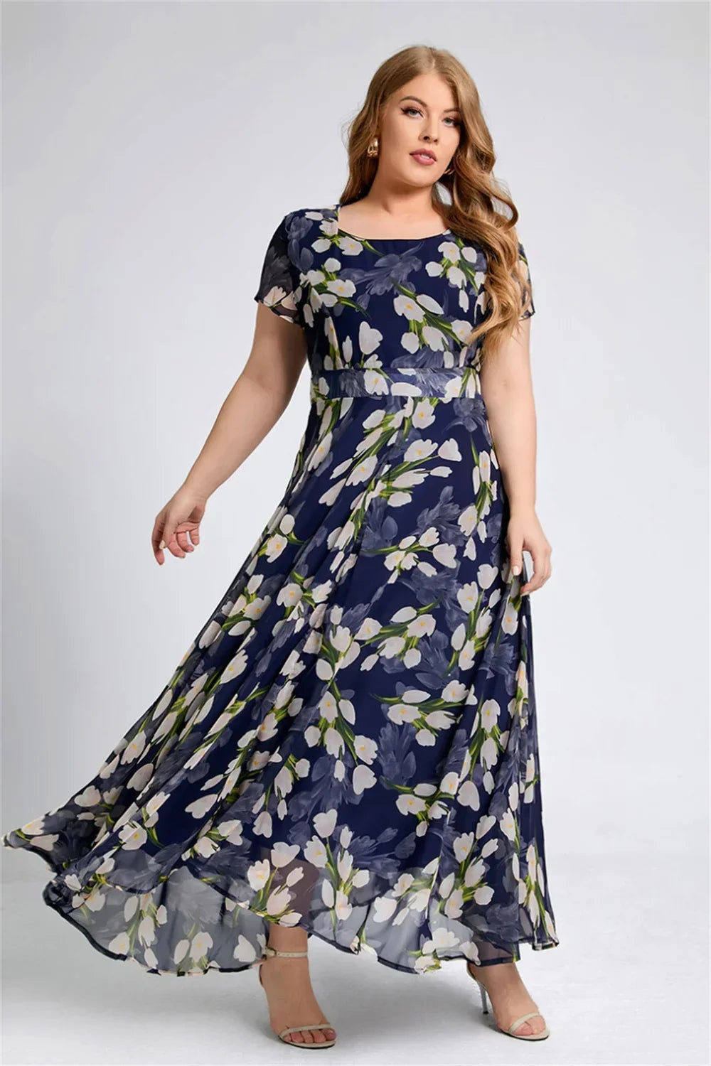 Women Plus Size Short Sleeve Floral Round Neck A Line Maxi Dress Dresses jehouze Navy Blue L 