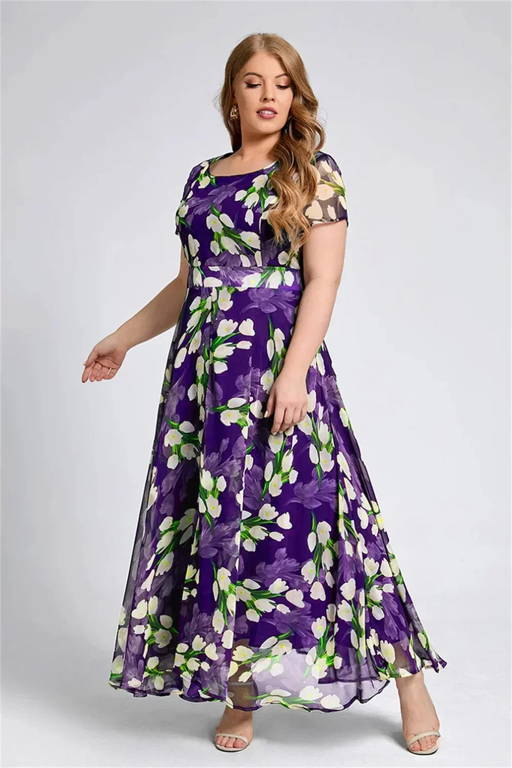 Women Plus Size Short Sleeve Floral Round Neck A Line Maxi Dress Dresses jehouze Purple L 