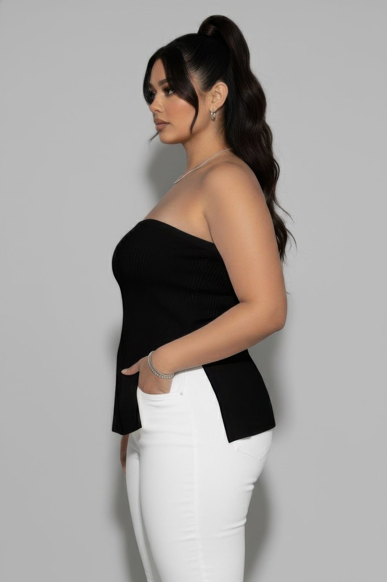 Women Plus Size Strapless Ribbed Side-slit Flare Top Shirts & Tops jehouze 