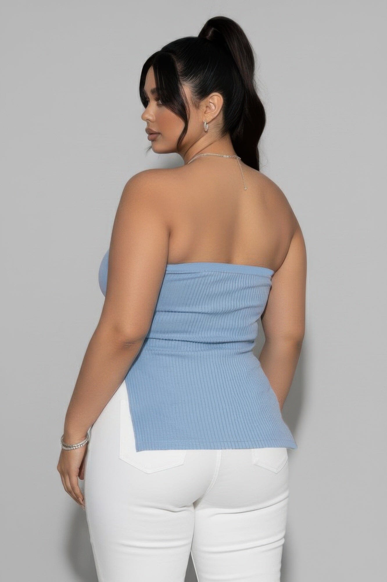 Women Plus Size Strapless Ribbed Side-slit Flare Top Shirts & Tops jehouze 