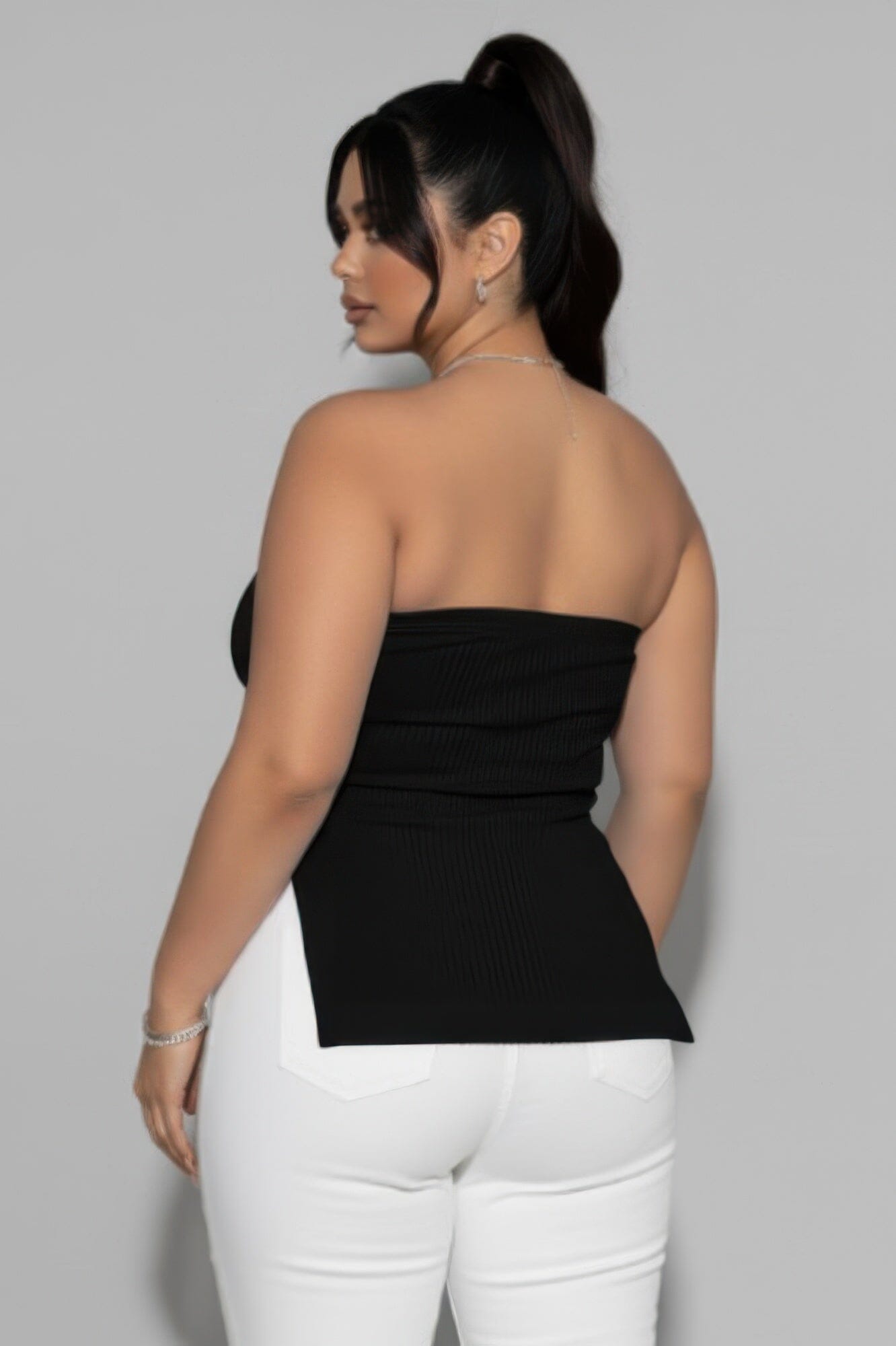 Women Plus Size Strapless Ribbed Side-slit Flare Top Shirts & Tops jehouze 