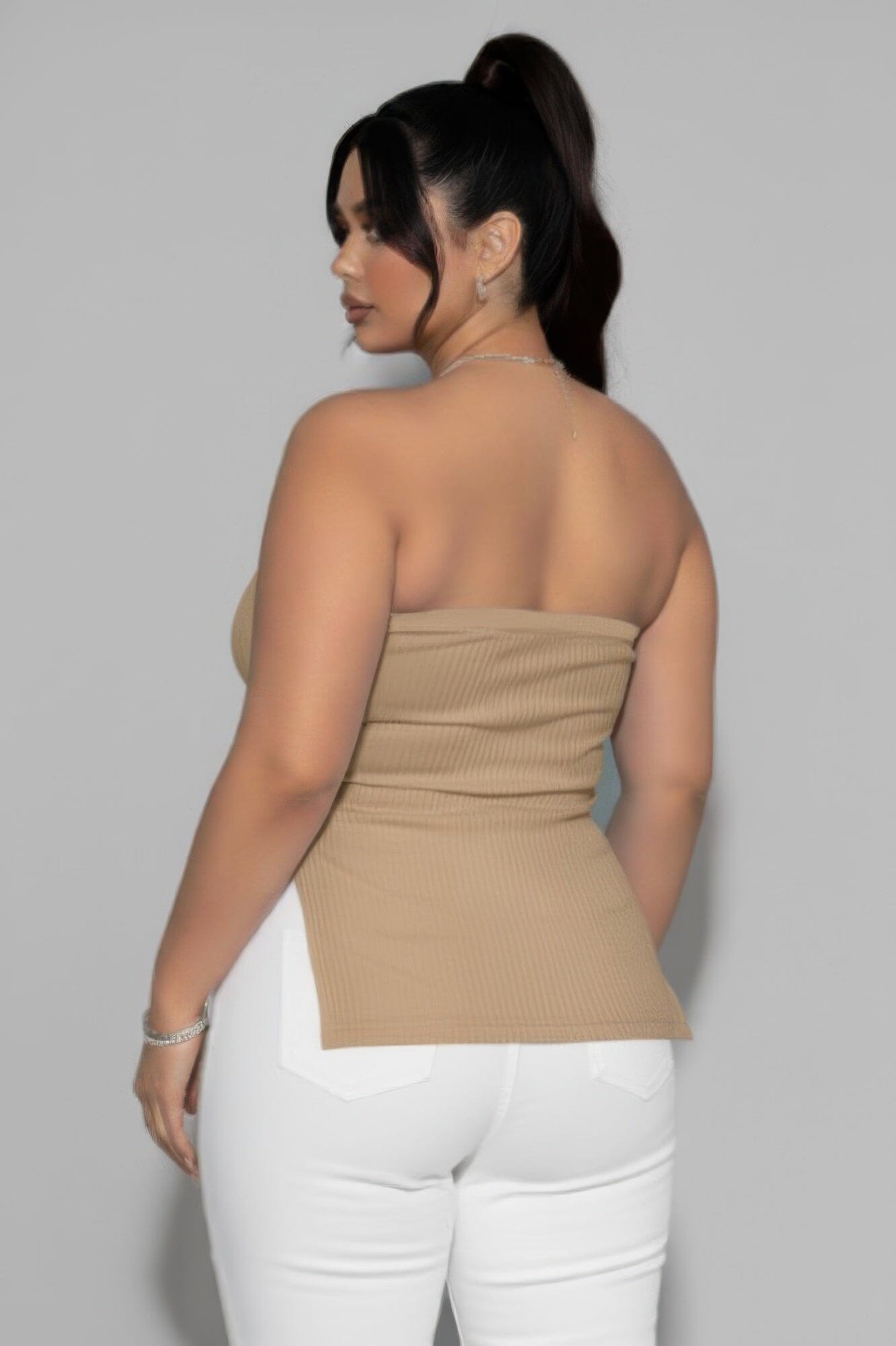 Women Plus Size Strapless Ribbed Side-slit Flare Top Shirts & Tops jehouze 