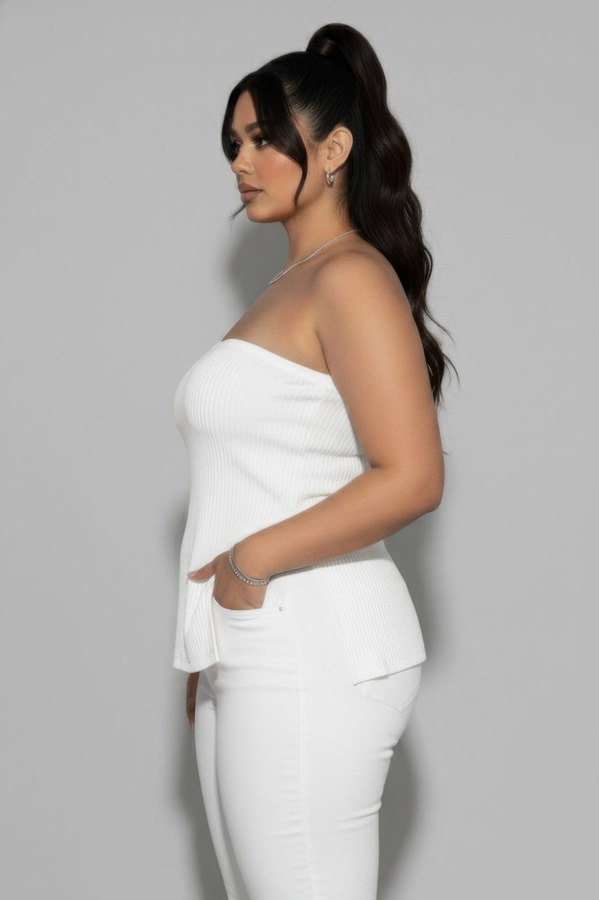Women Plus Size Strapless Ribbed Side-slit Flare Top Shirts & Tops jehouze 