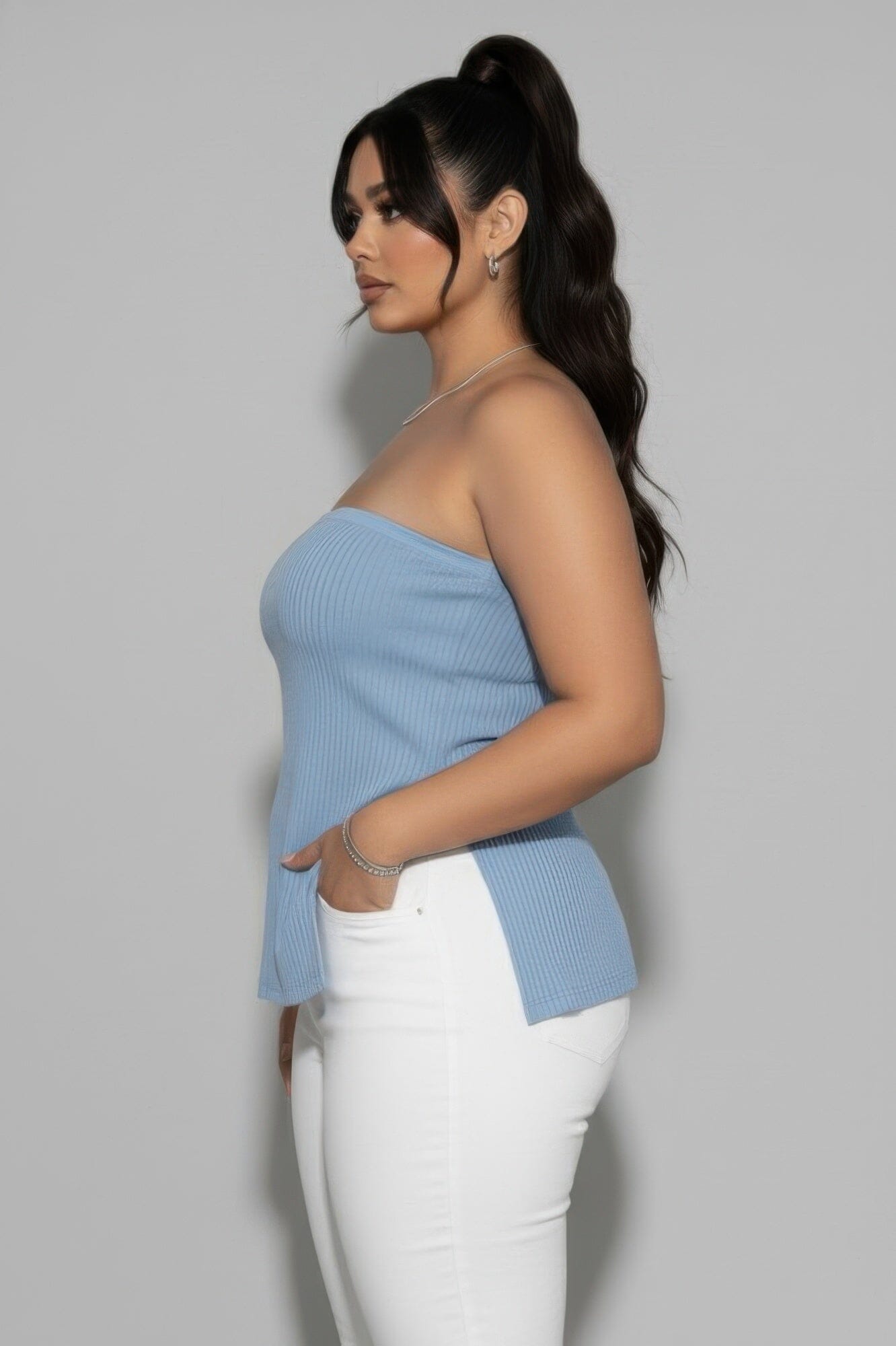 Women Plus Size Strapless Ribbed Side-slit Flare Top Shirts & Tops jehouze 