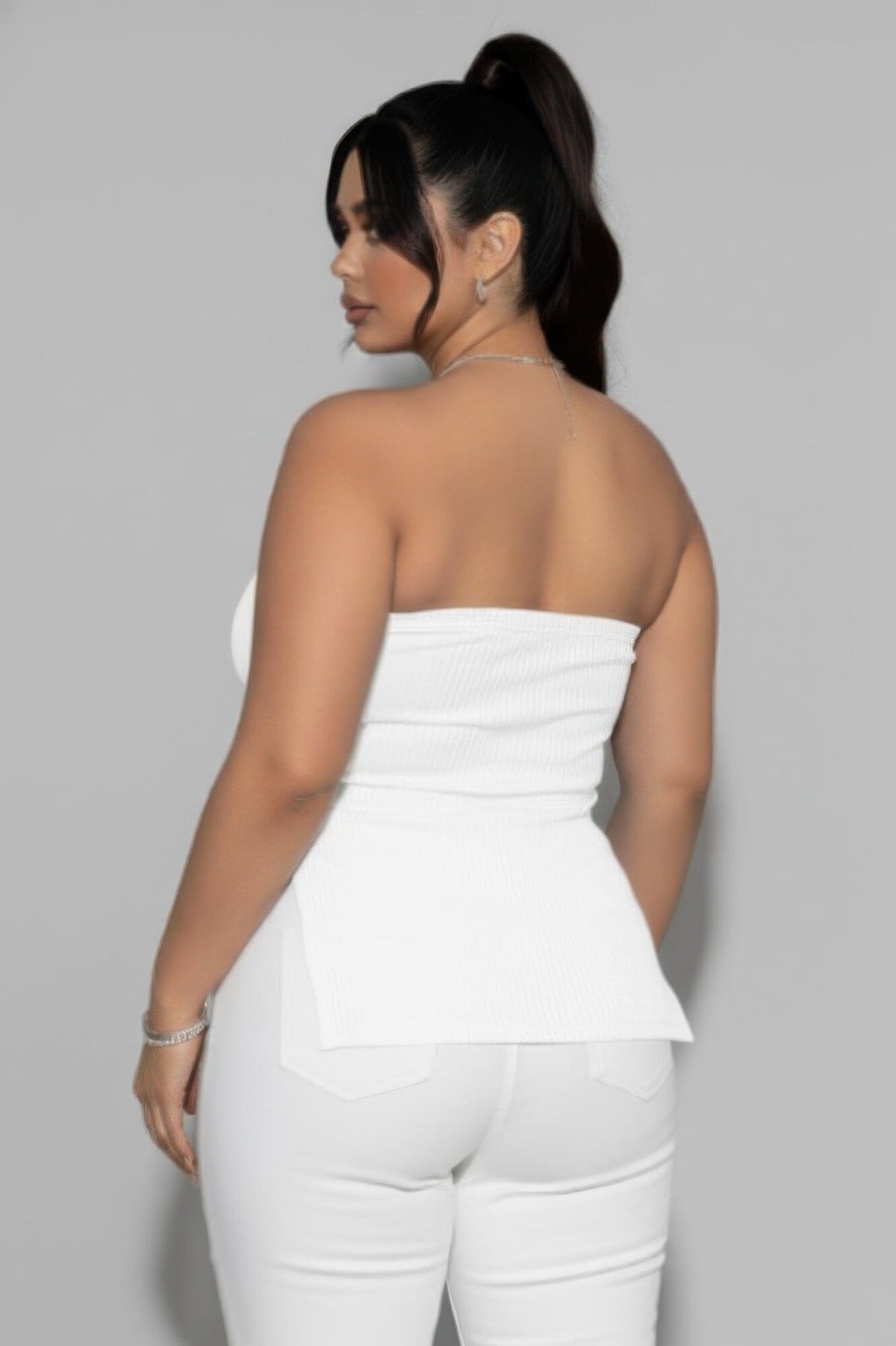 Women Plus Size Strapless Ribbed Side-slit Flare Top Shirts & Tops jehouze 