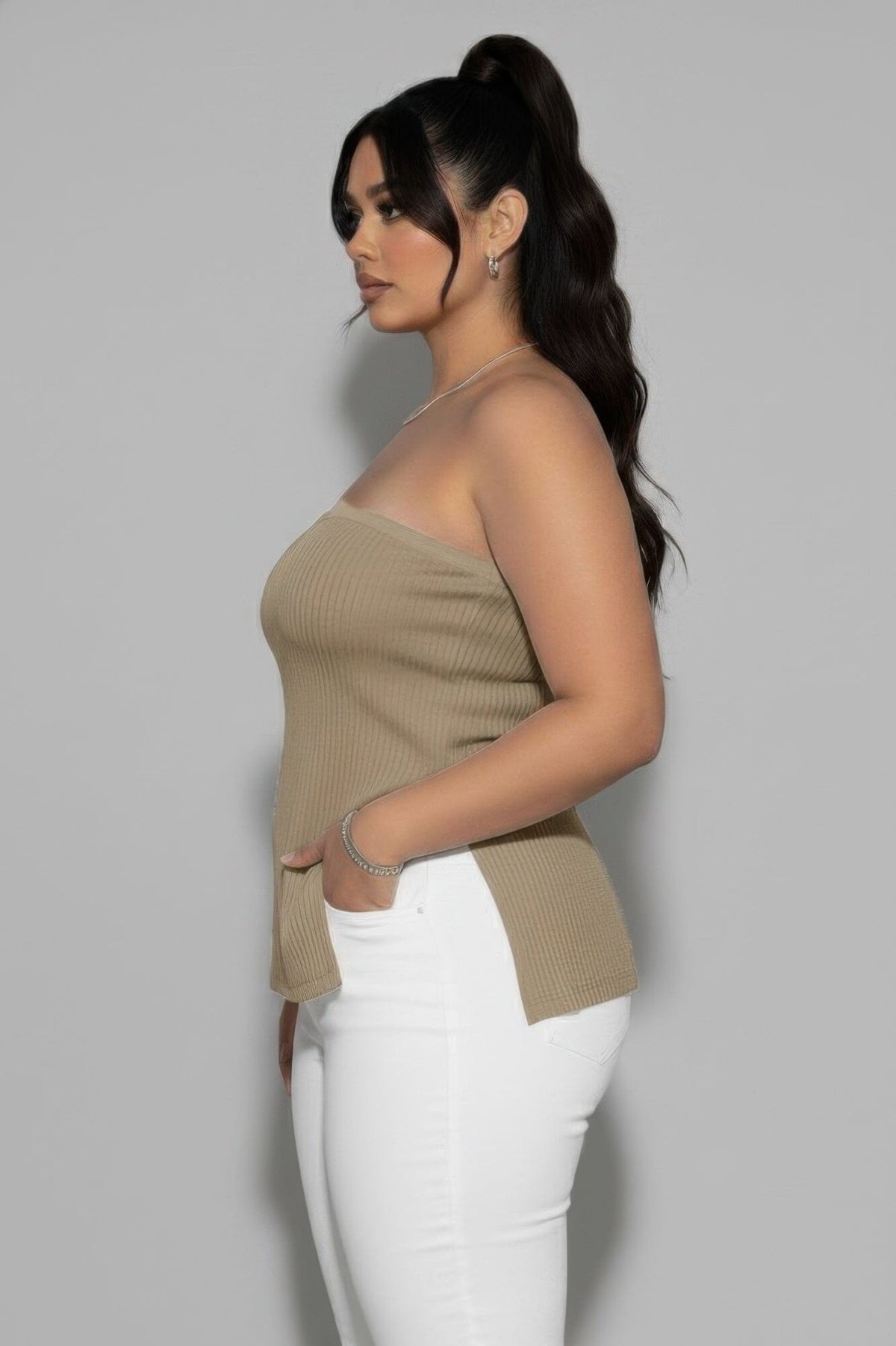Women Plus Size Strapless Ribbed Side-slit Flare Top Shirts & Tops jehouze 