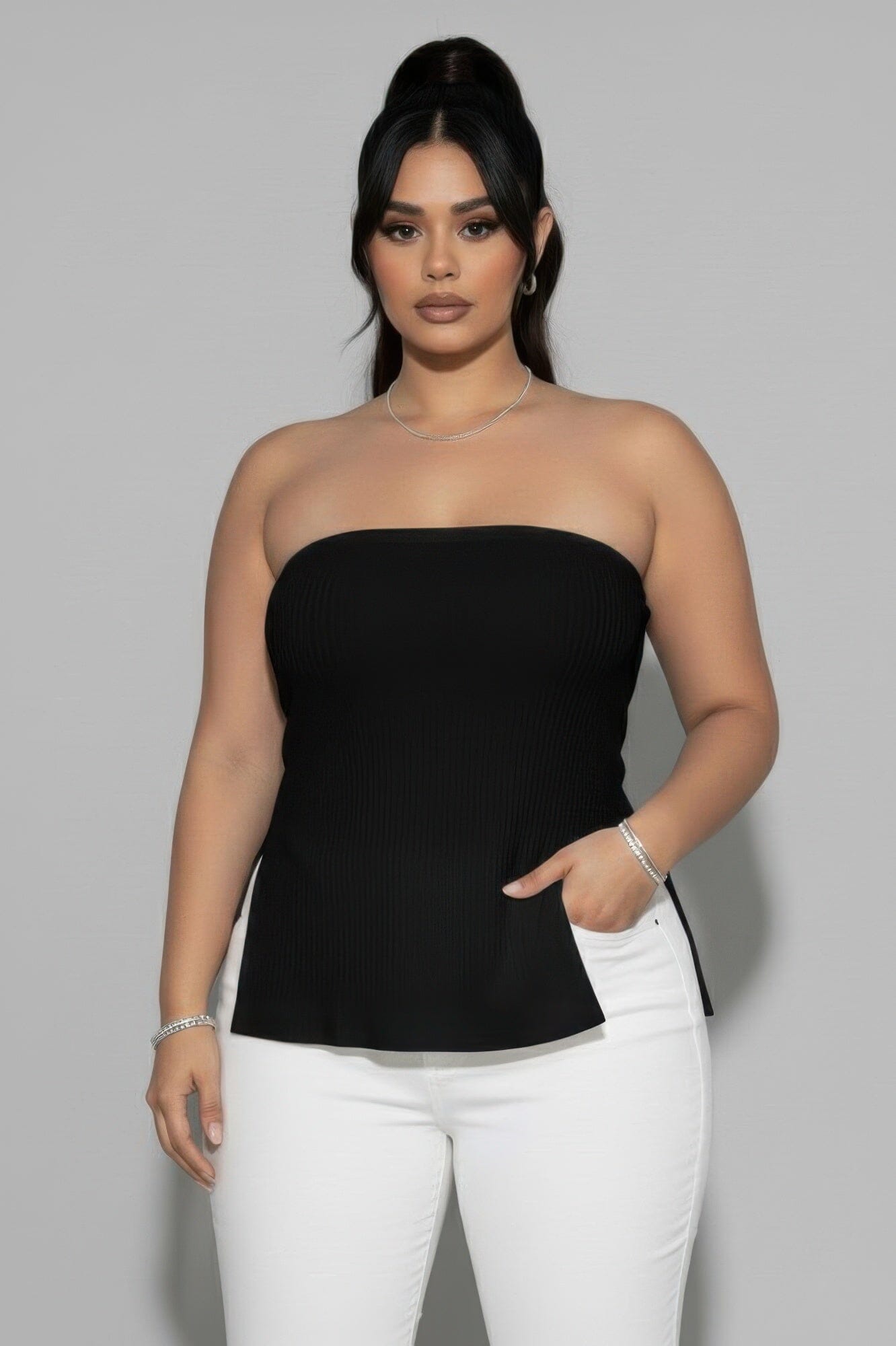 Women Plus Size Strapless Ribbed Side-slit Flare Top Shirts & Tops jehouze Black 1XL 
