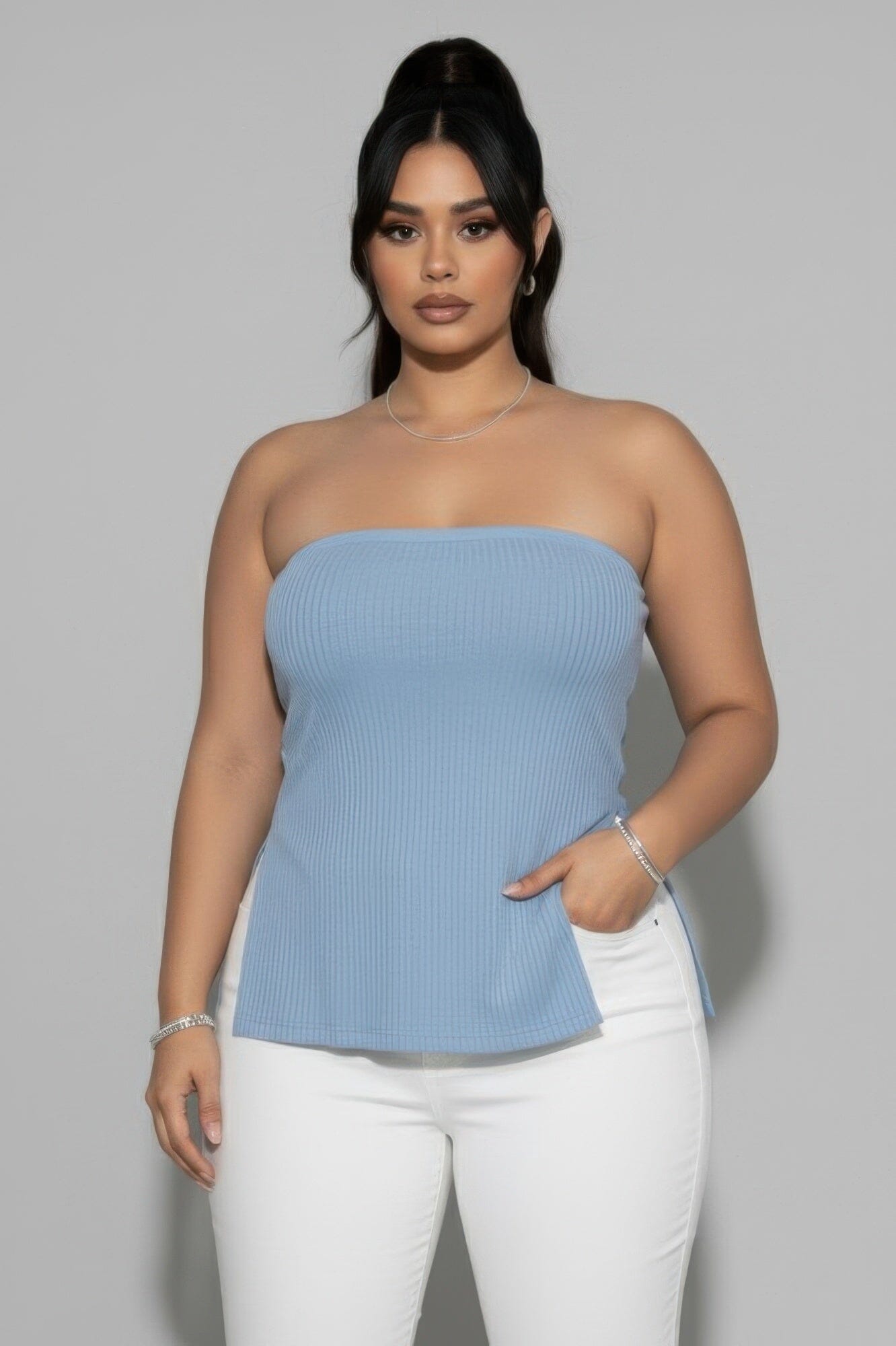 Women Plus Size Strapless Ribbed Side-slit Flare Top Shirts & Tops jehouze Cloud 1XL 