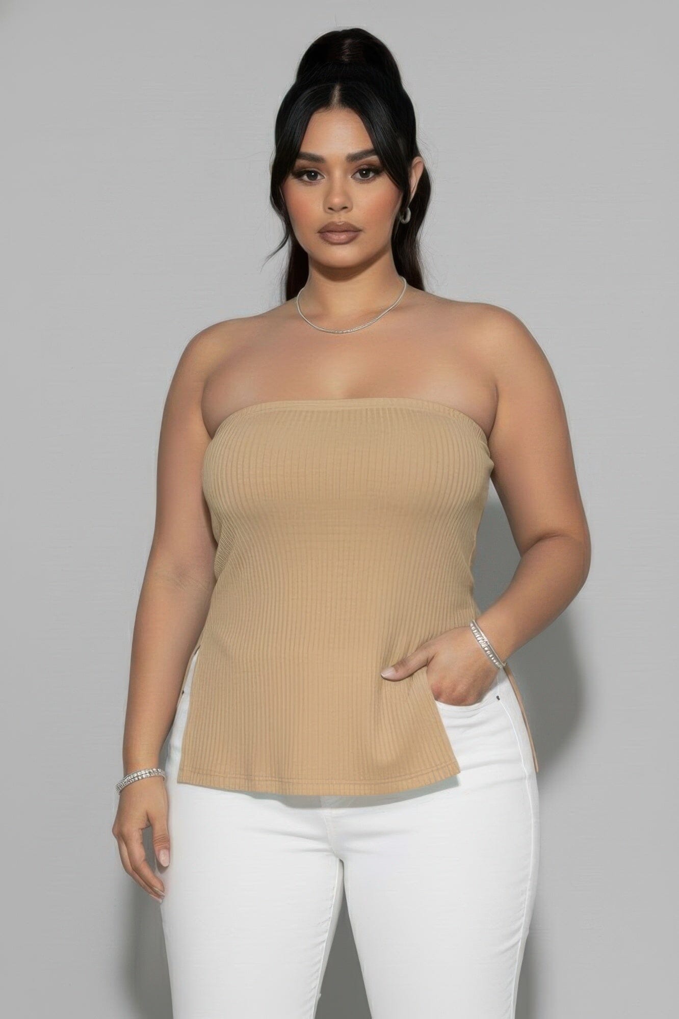 Women Plus Size Strapless Ribbed Side-slit Flare Top Shirts & Tops jehouze Taupe 1XL 