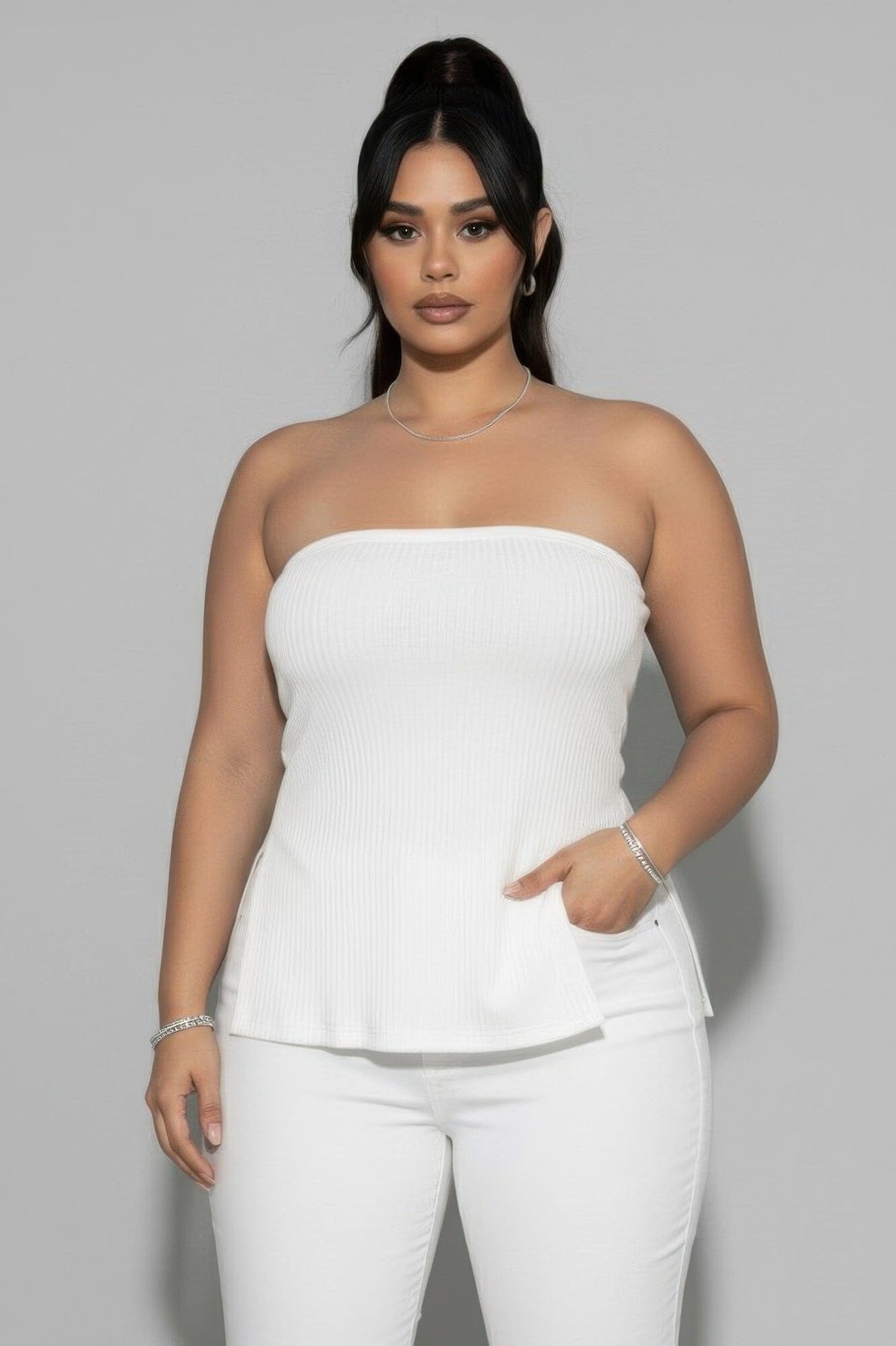 Women Plus Size Strapless Ribbed Side-slit Flare Top Shirts & Tops jehouze White 1XL 