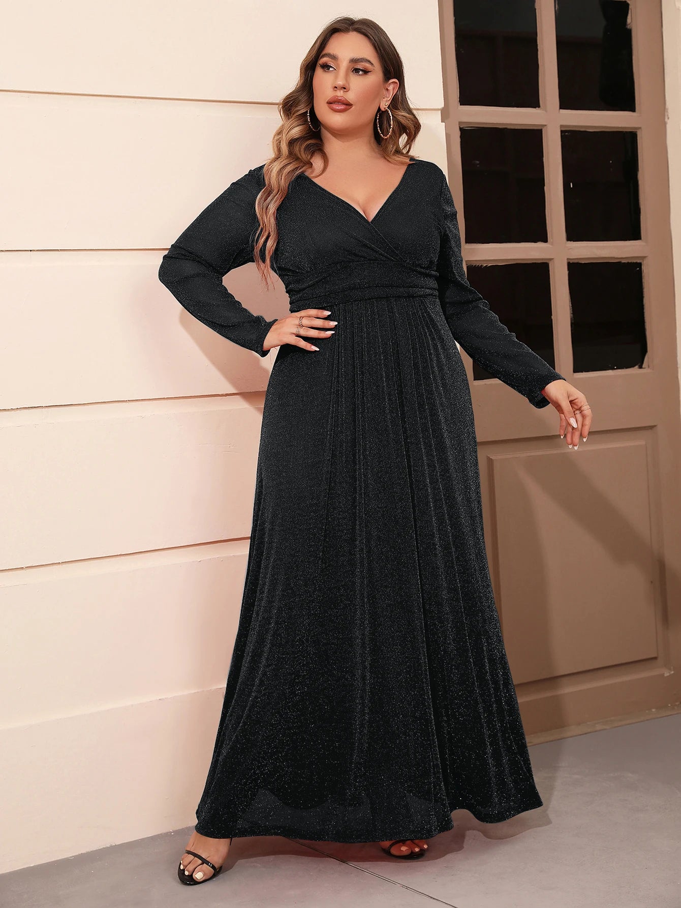 Women Plus Size V Neck Long Sleeves A Line Chiffon Maxi Dress Dresses jehouze Black XL 