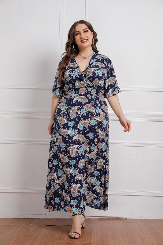 Women Plus Size V Neck Short Sleeve Long Dress Dresses jehouze 