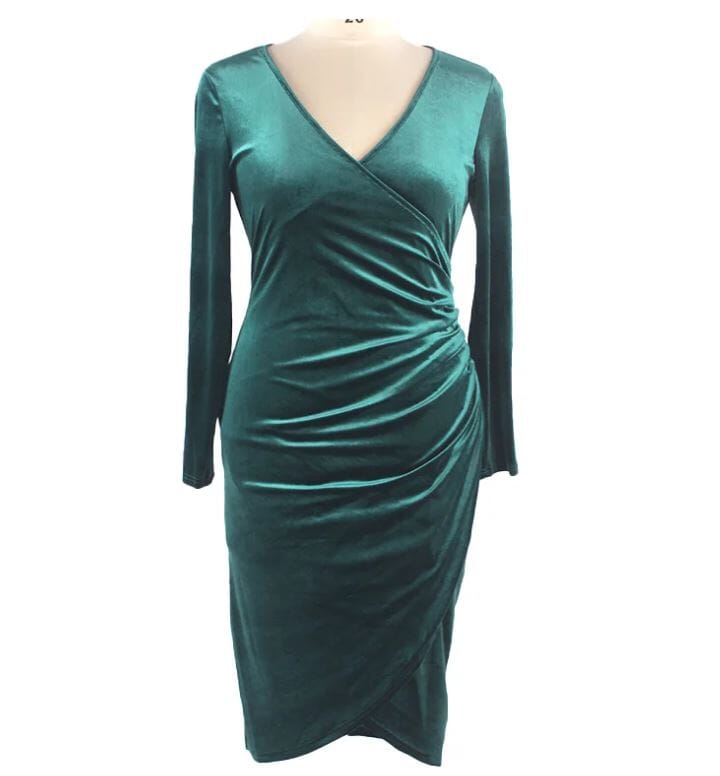 Women Plus Size Velvet Wrap Ruched Bodycon Long Sleeve Elegant