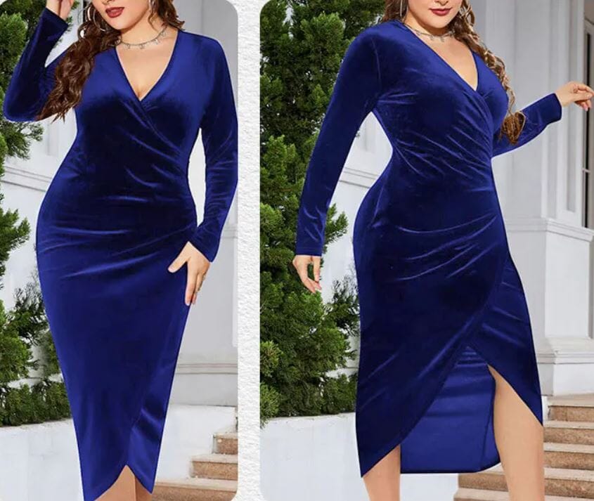 Women Plus Size Velvet Wrap Ruched Bodycon Long Sleeve Elegant Party Wedding Cocktail Midi Dress Dresses jehouze Blue XL 