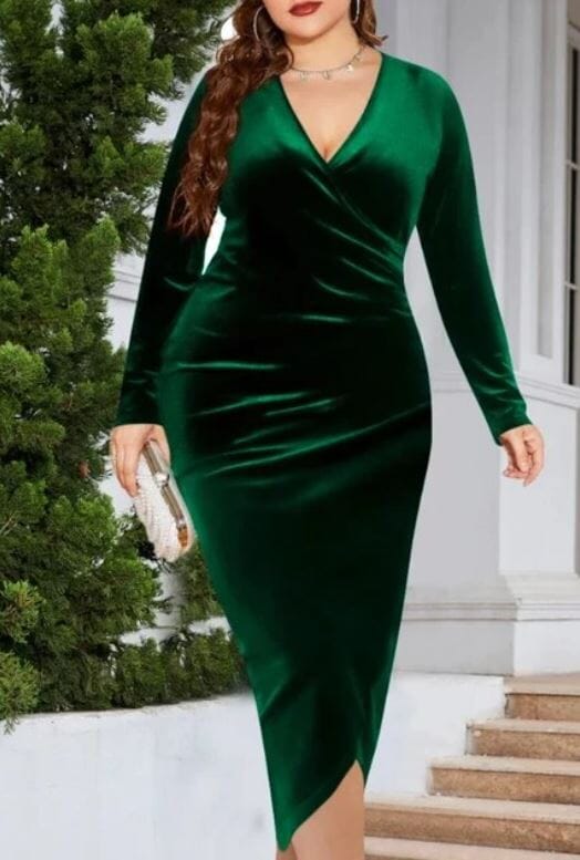 Women Plus Size Velvet Wrap Ruched Bodycon Long Sleeve Elegant Party Wedding Cocktail Midi Dress Dresses jehouze Green XL 