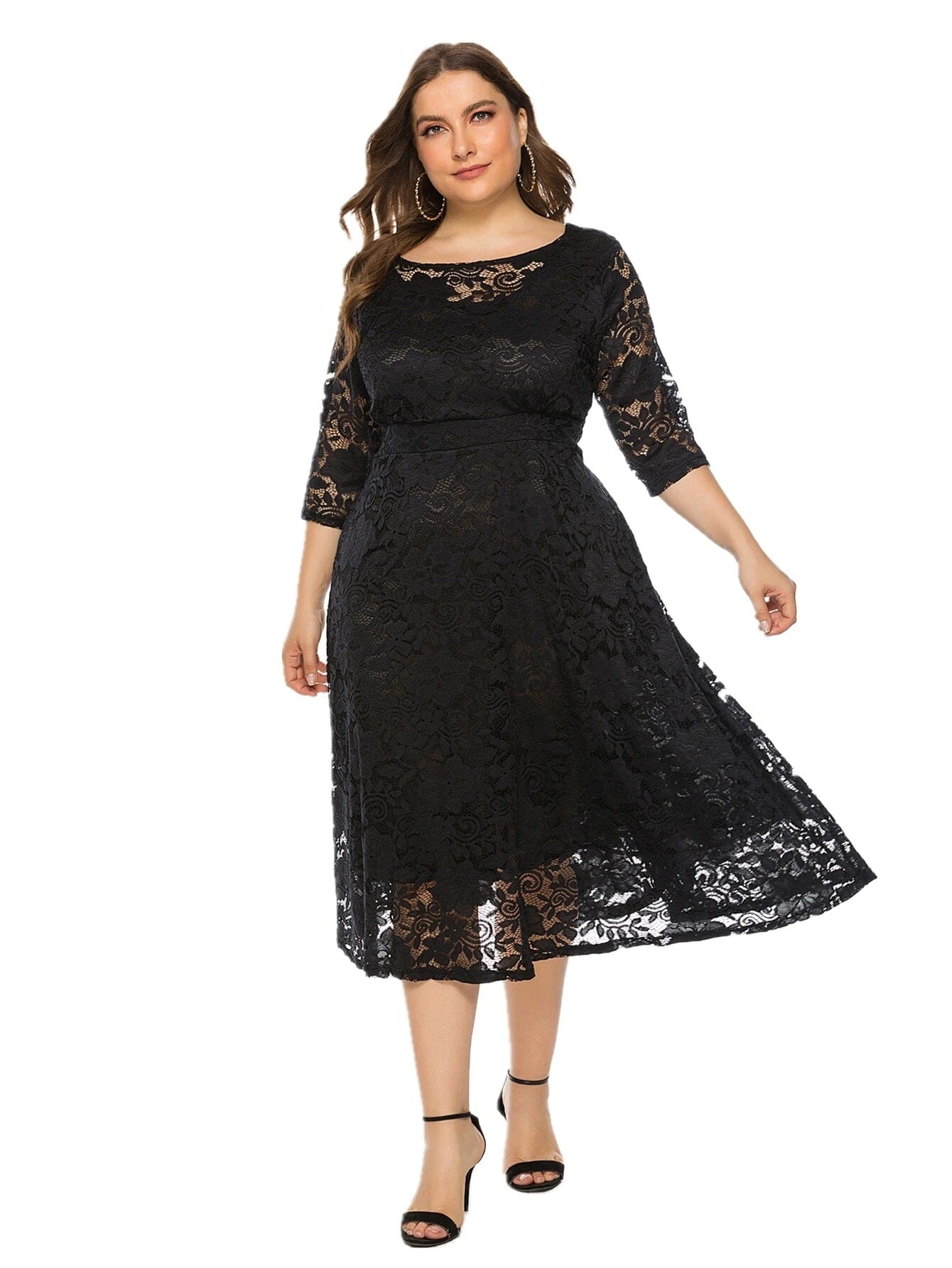 Women Plus Size Vintage Lace Swing Party Cocktail Wedding Midi Dress with pocket Dresses jehouze Black XL 