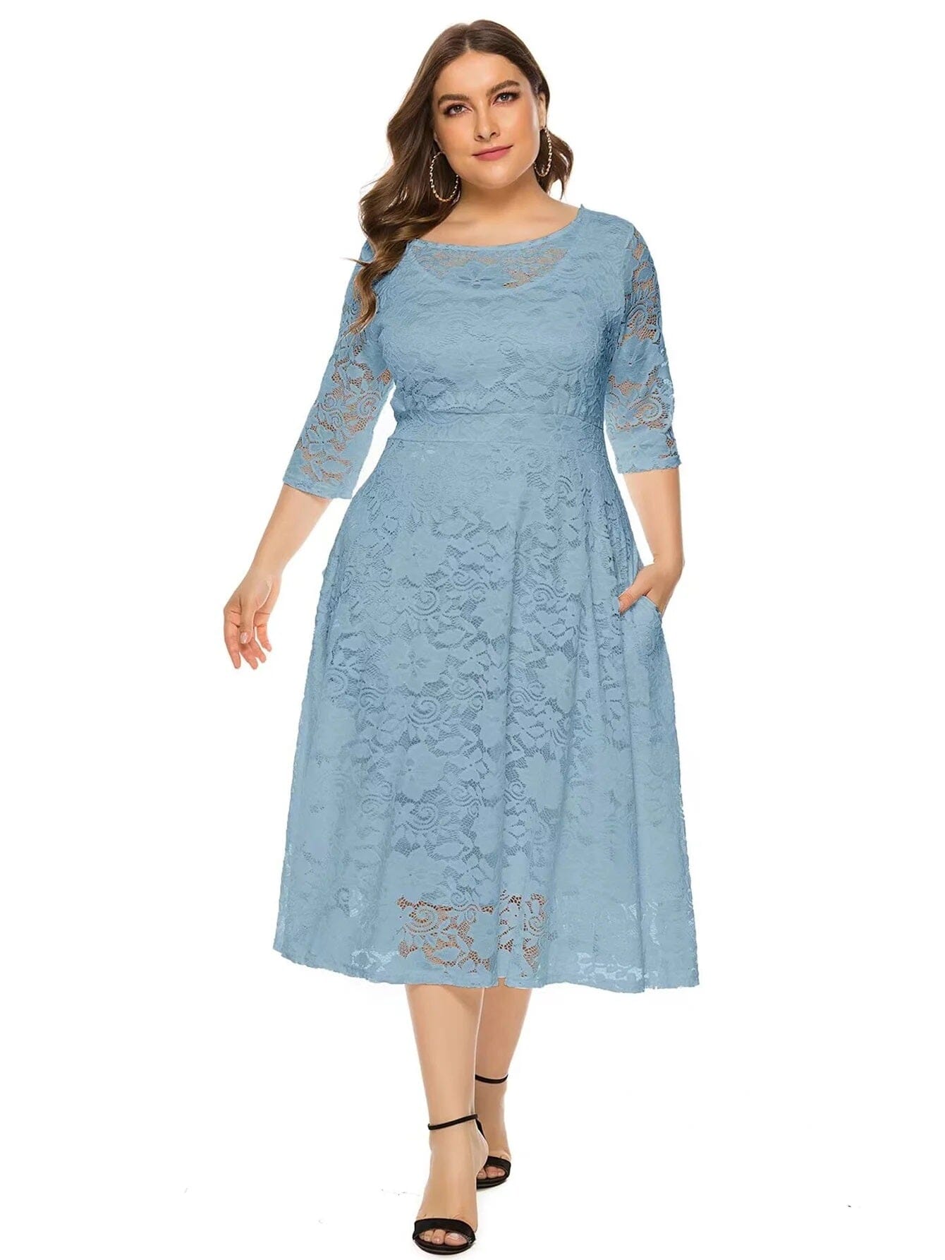 Women Plus Size Vintage Lace Swing Party Cocktail Wedding Midi Dress with pocket Dresses jehouze Blue XL 