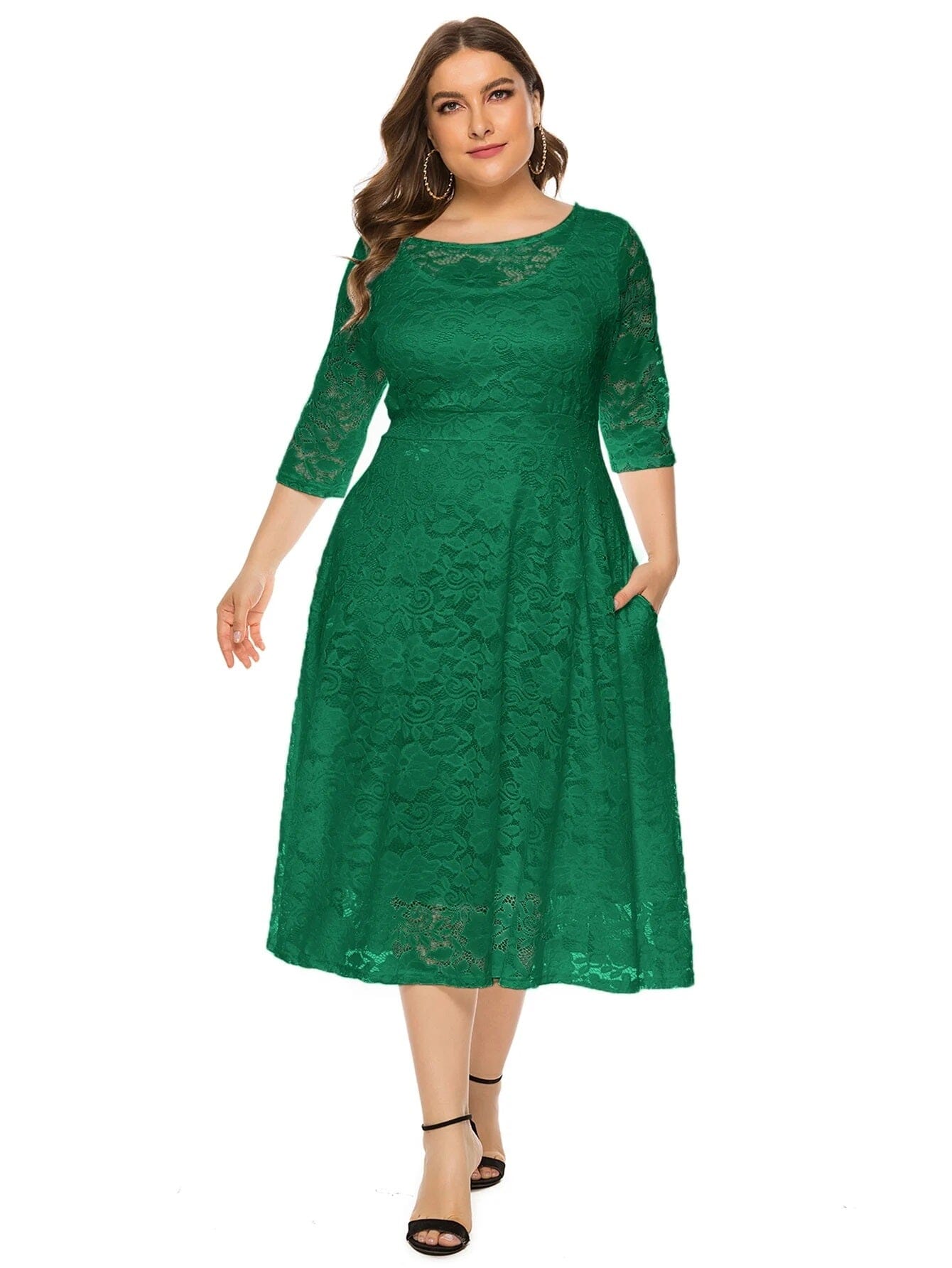 Women Plus Size Vintage Lace Swing Party Cocktail Wedding Midi Dress with pocket Dresses jehouze Green XL 