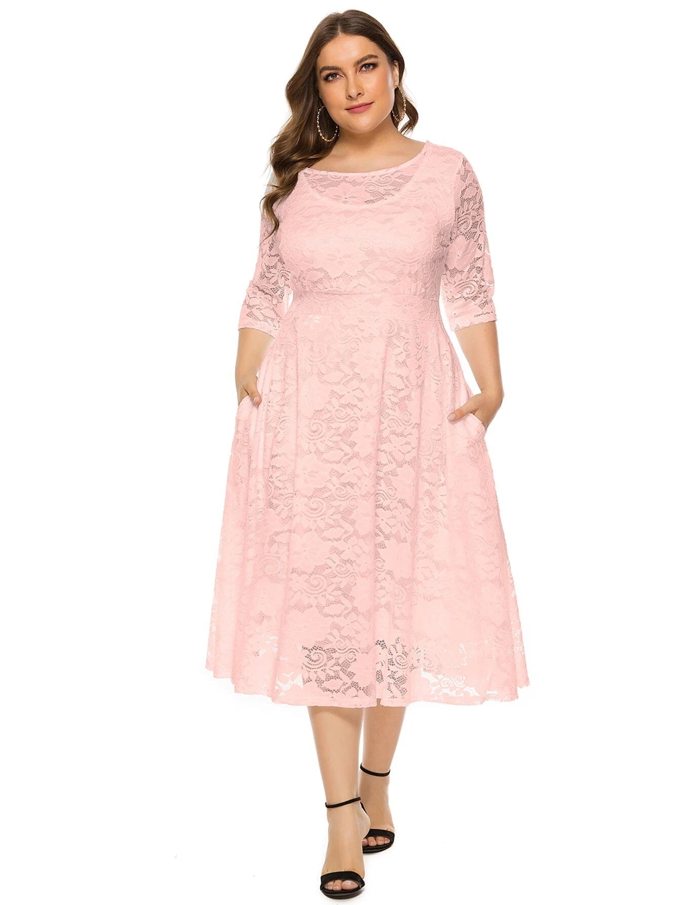 Women Plus Size Vintage Lace Swing Party Cocktail Wedding Midi Dress with pocket Dresses jehouze Pink XL 