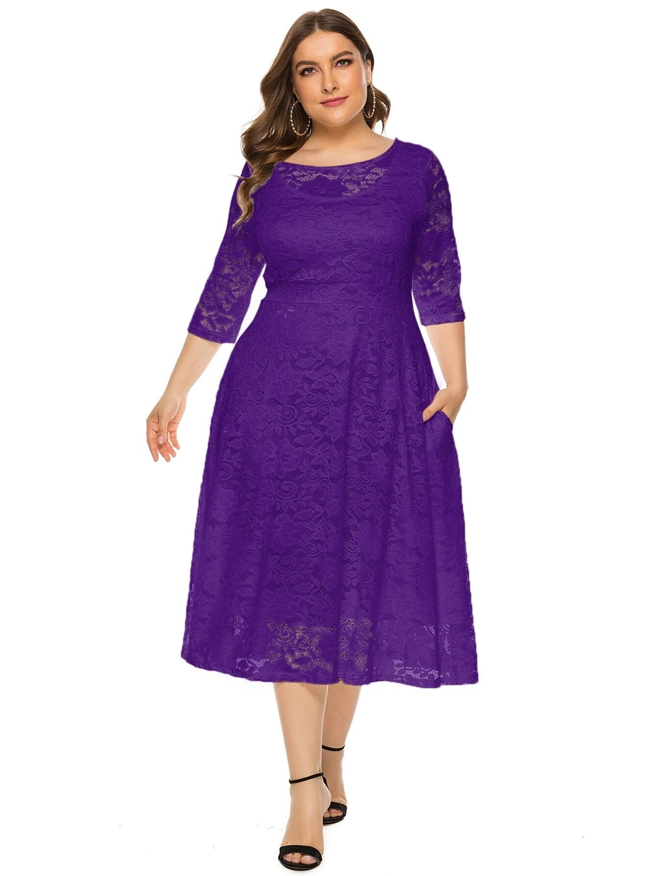 Women Plus Size Vintage Lace Swing Party Cocktail Wedding Midi Dress with pocket Dresses jehouze Purple XL 