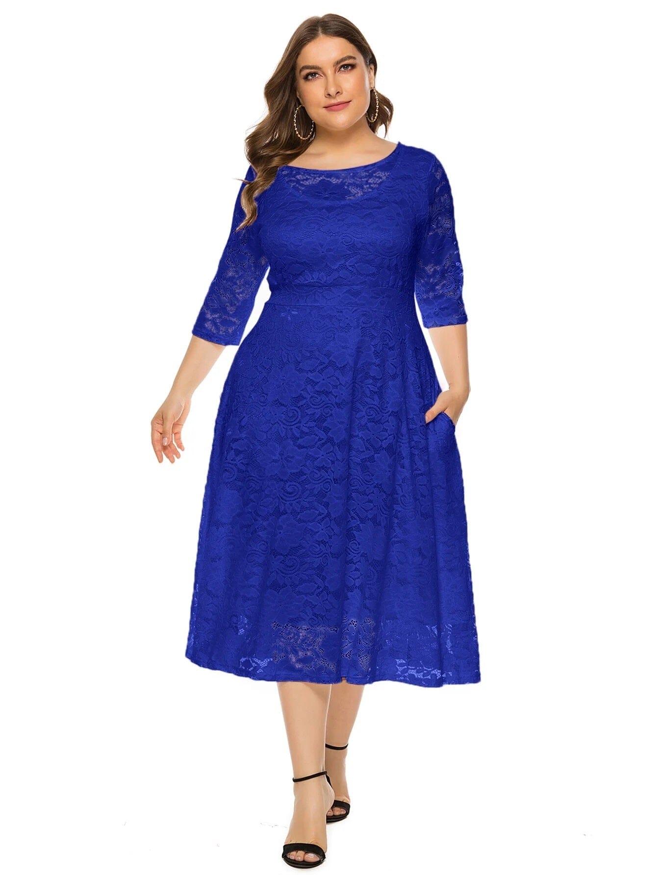 Women Plus Size Vintage Lace Swing Party Cocktail Wedding Midi Dress with pocket Dresses jehouze Royal Blue XL 