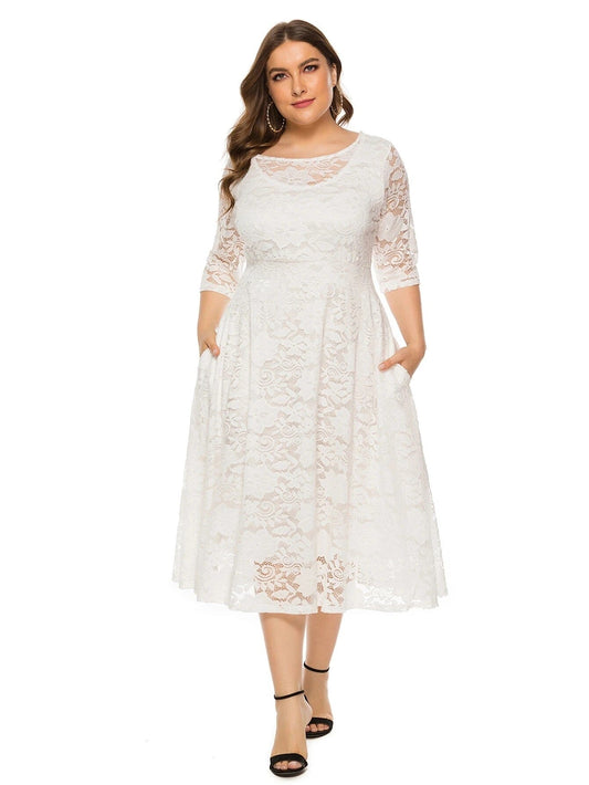 Women Plus Size Vintage Lace Swing Party Cocktail Wedding Midi Dress with pocket Dresses jehouze White XL 