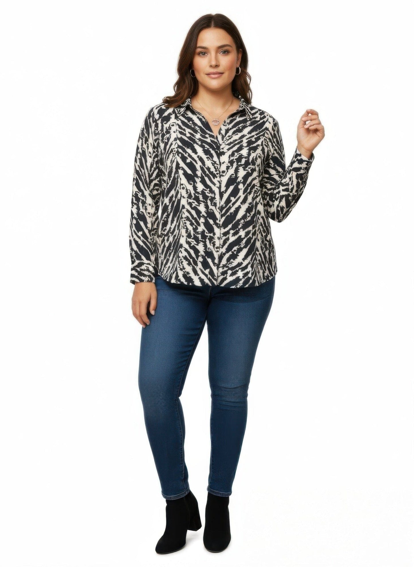 Women Plus Size Zebra Print Button-up Shirt Shirts & Tops jehouze Navy blue XL 