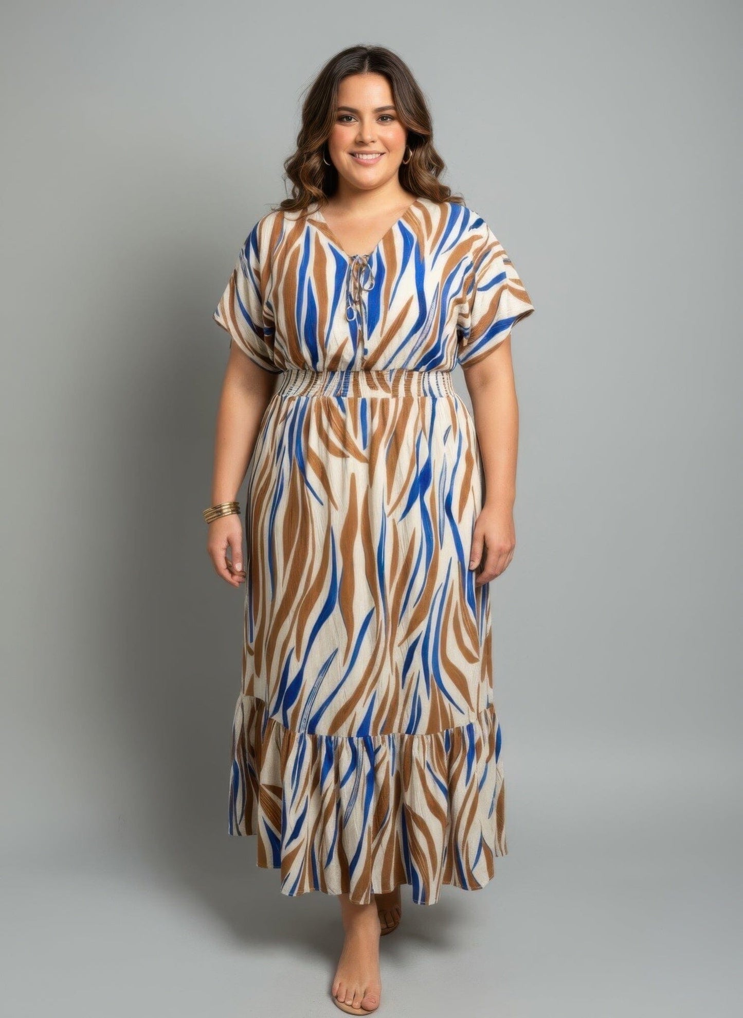 Women Plus Size Zebra Print Smocked Waist Tiered Midi Dress Dresses jehouze Blue XL 