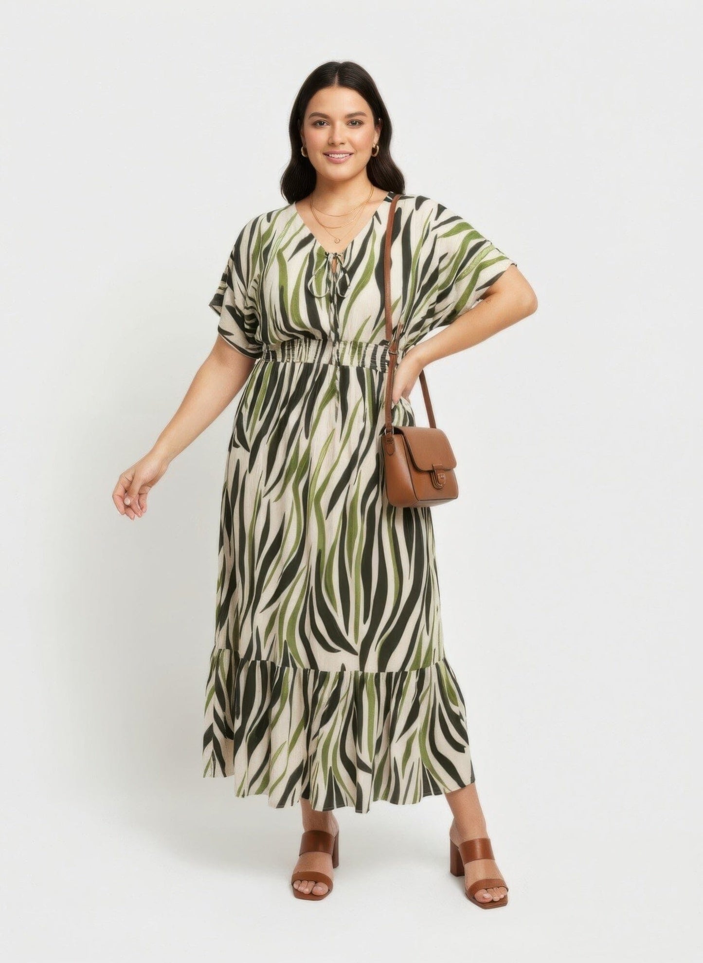 Women Plus Size Zebra Print Smocked Waist Tiered Midi Dress Dresses jehouze Green XL 