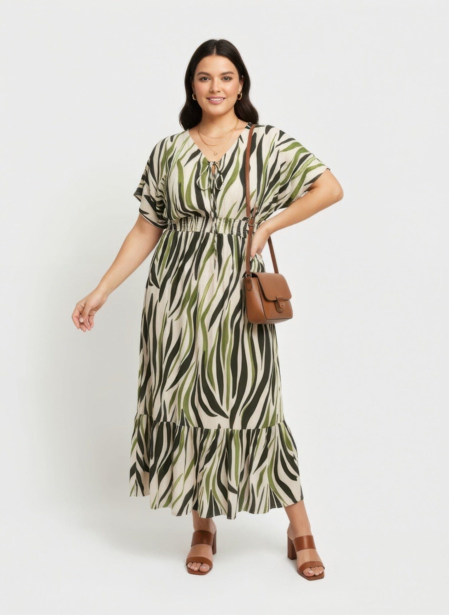 Women Plus Size Zebra Print Smocked Waist Tiered Midi Dress Dresses jehouze Green XL 