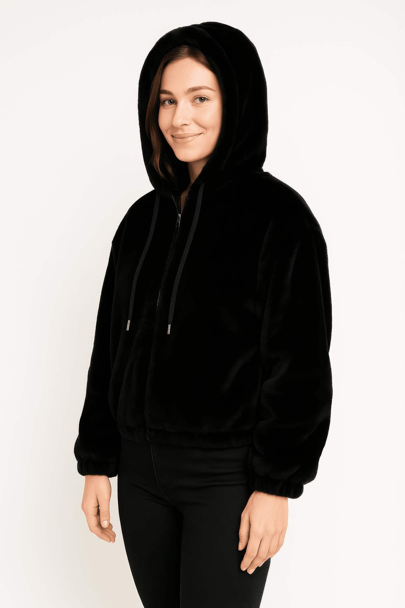 Women Plush Zip-Up Hooded Jacket Coats & Jackets jehouze Black S/M 