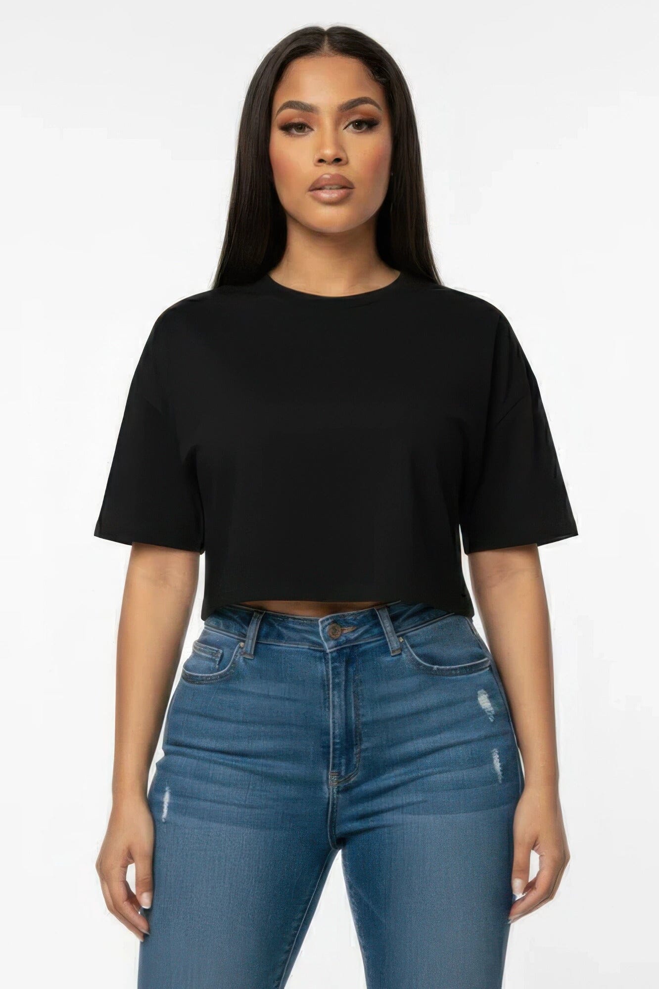 Women Premium Short Sleeve Round Neck Basic Crop Top Shirts & Tops jehouze Black S 