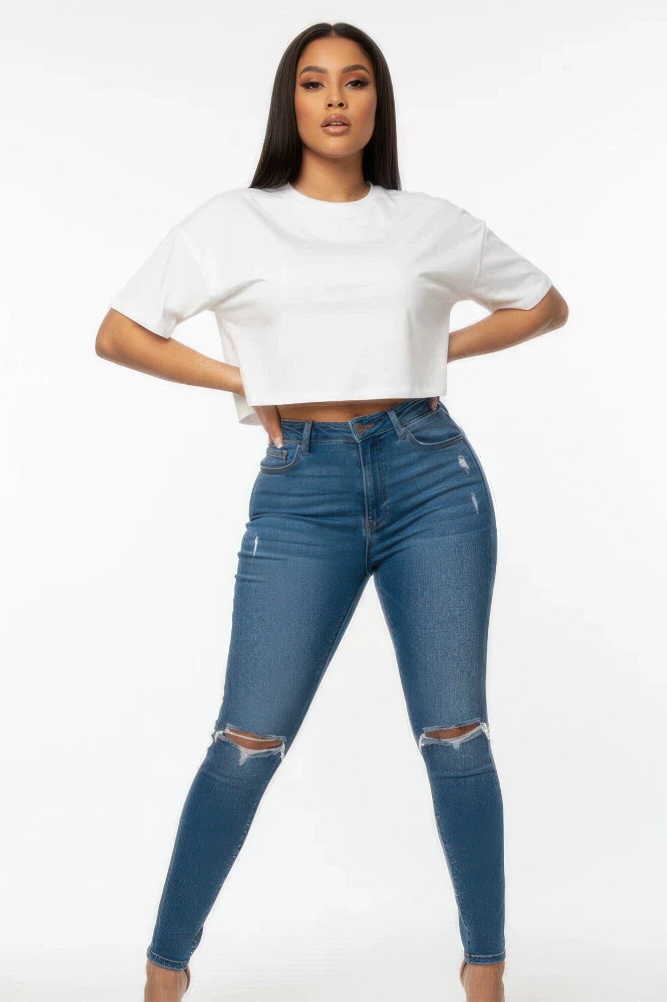 Women Premium Short Sleeve Round Neck Basic Crop Top Shirts & Tops jehouze White S 