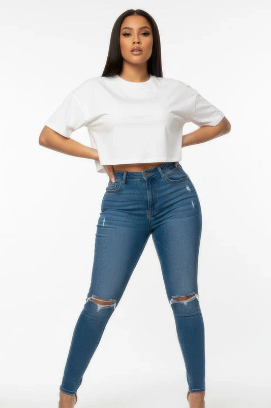 Women Premium Short Sleeve Round Neck Basic Crop Top Shirts & Tops jehouze White S 