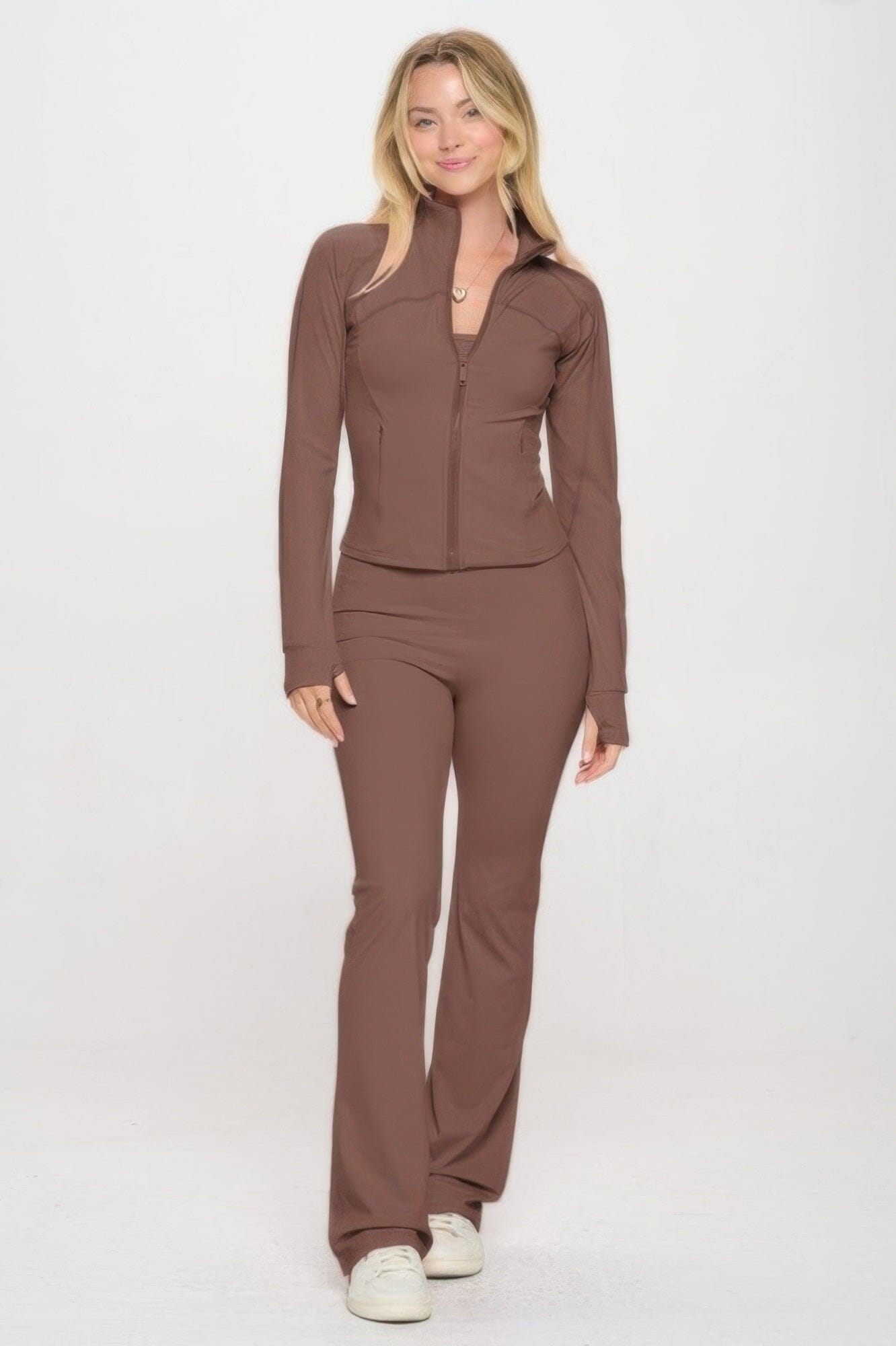 Women Premium Yoga Jacket With jumpsuit Set Activewear jehouze Brown S 