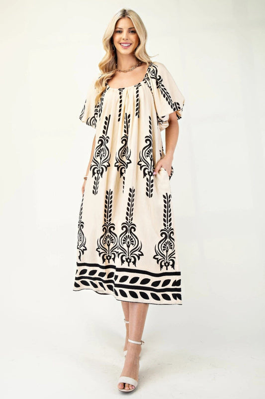 Women Printed Short Puff Sleeves Midi Dress Dresses jehouze 